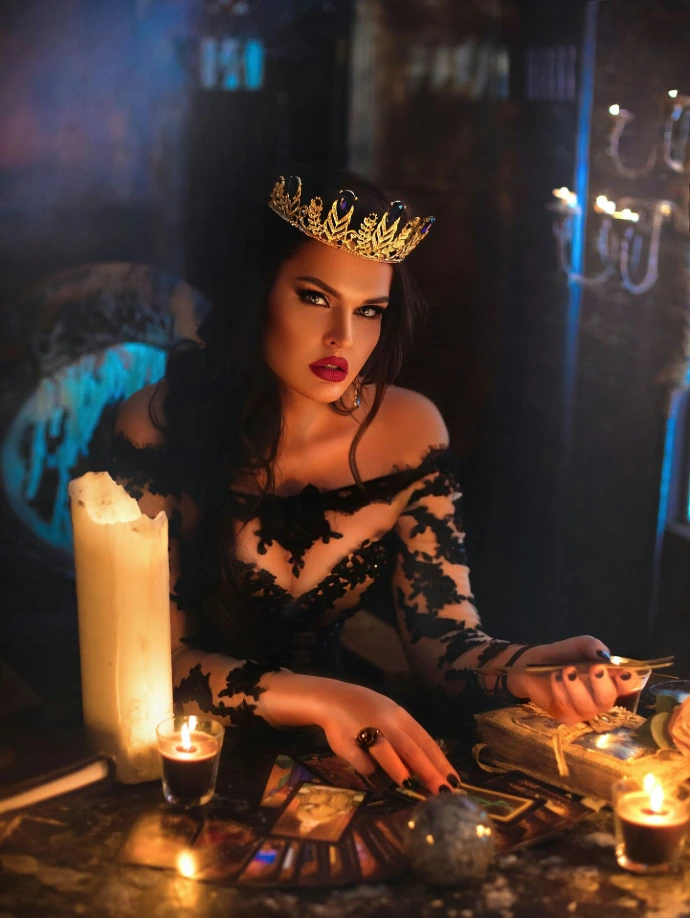 a woman in a crown sitting at a table with candles